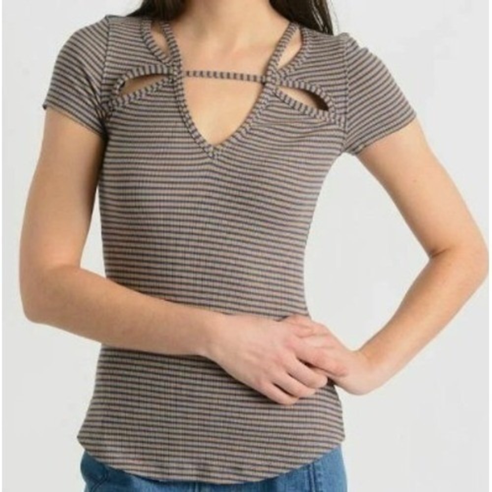 Free People Frenchie Top Womens XS Blue Striped Ribbed Cutout‎ V-Neck NWOT